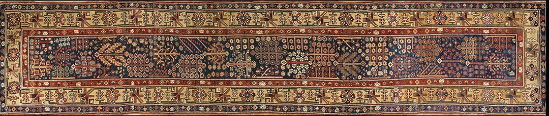 Antique allover geometric wool hand knotted pile blue 1850s shrub rug