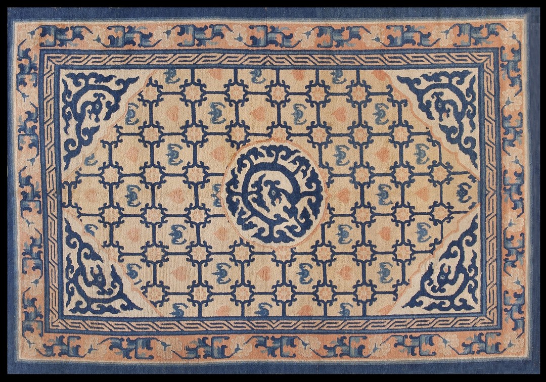 Geometric medallion rectangle wool antique 1850s hand knotted pile blue rug