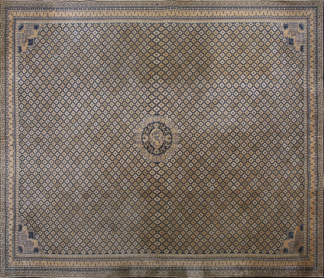 Rectangle wool allover geometric hand knotted pile 1920s large antique blue rug