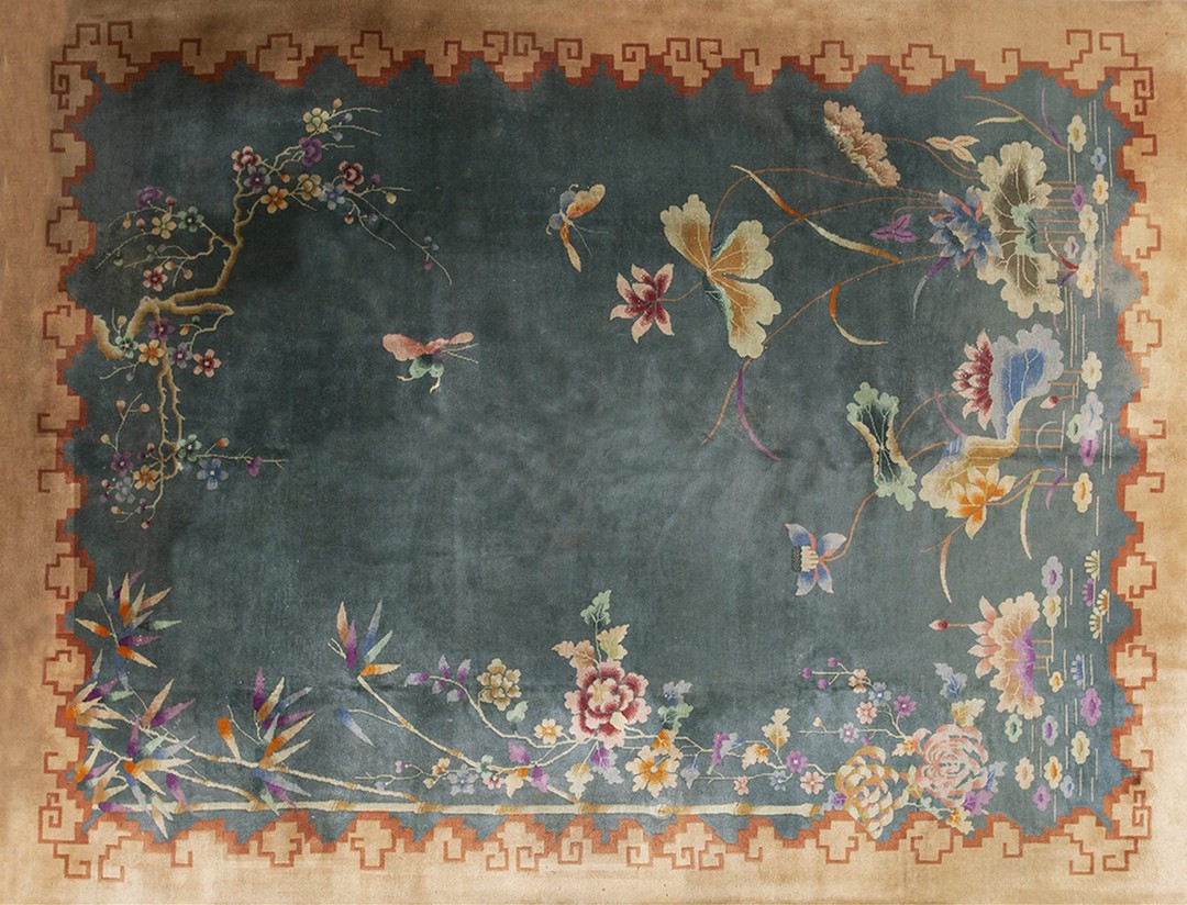 Rectangle knotted chinese - art deco room size antique wool blue 1920s rug