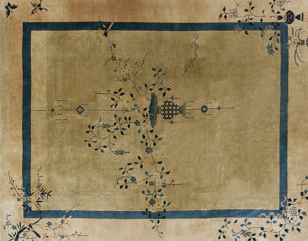 Chinese 1920s antique knotted - art deco rectangle ivory room size wool rug