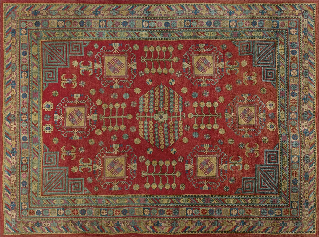 Rustic tribal geometric antique east turkestan room size khotan rug