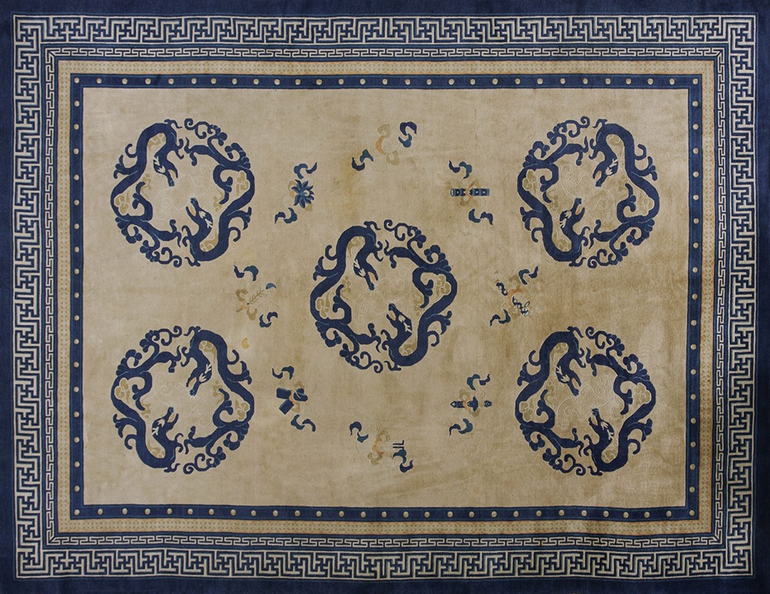 Antique knotted chinese rectangle ivory room size 1920s wool - peking rug