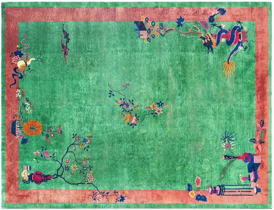Vibrant green antique floral dragon design chinese art deco rug