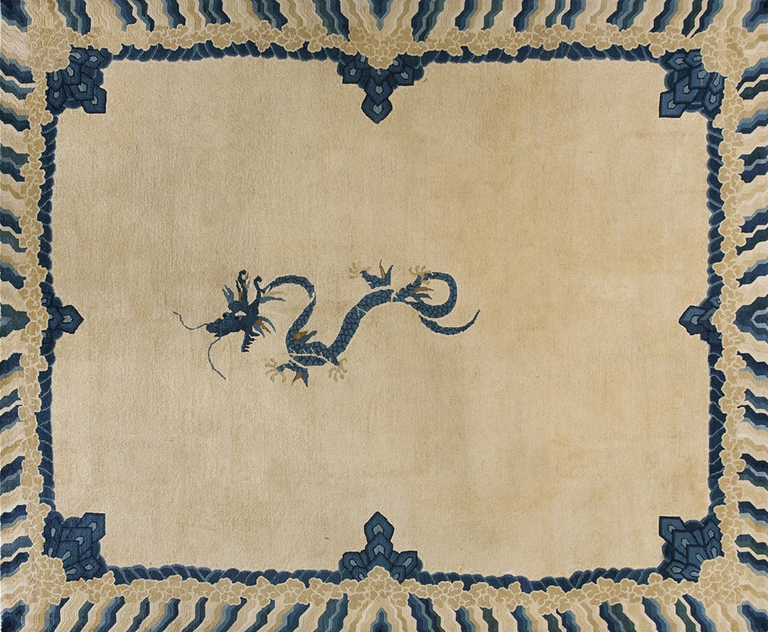 Antique medallion wool hand knotted pile blue 1920s rug