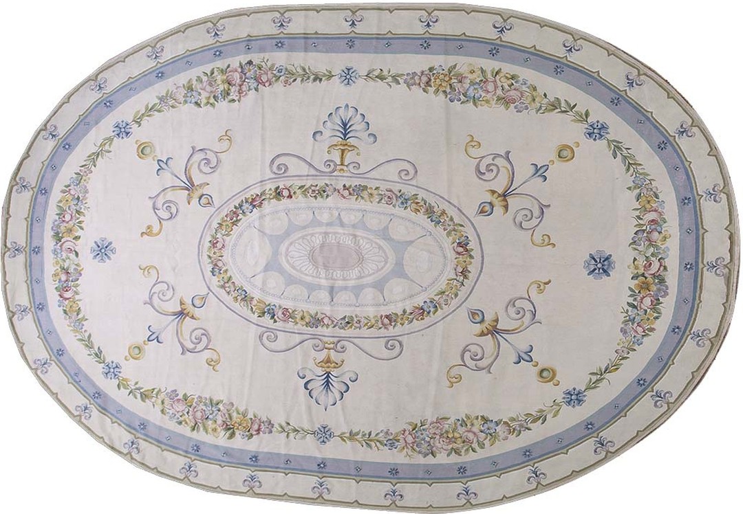 Oval shape antique late 19th century room size french aubusson carpet