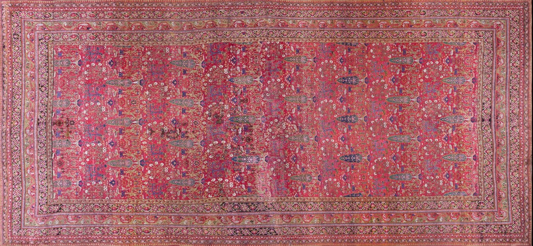 Red background green cypress tree pattern antique long and narrow oversized persian afshar rug