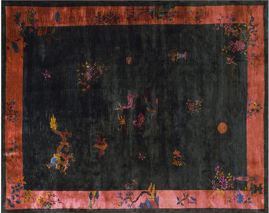 Knotted chinese blue rectangle - art deco antique room size 1920s wool rug