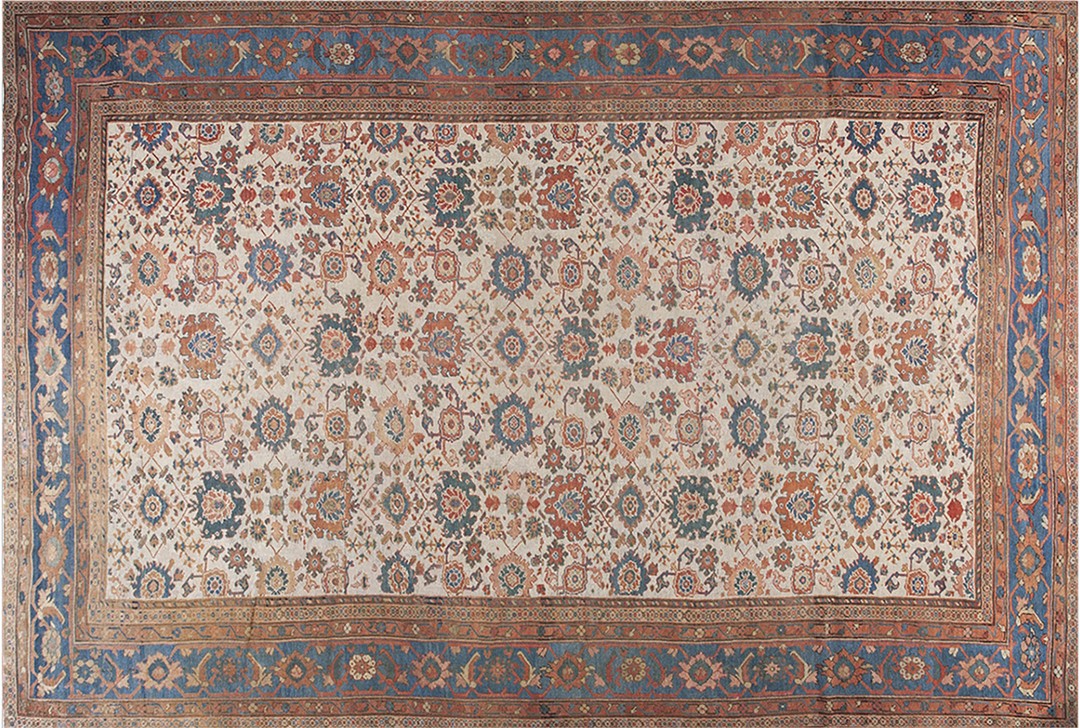 Antique ivory persian room size allover tribal pattern sultanabad rug