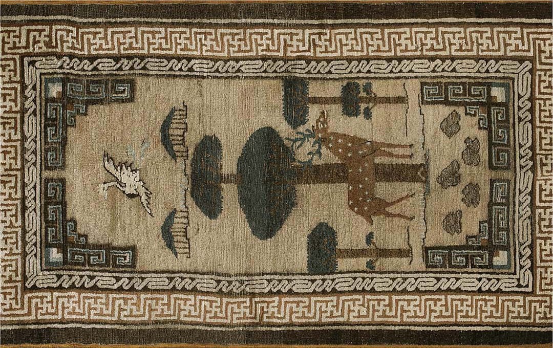 Earthy color scenic chinese crane and reindeer design baotou rug