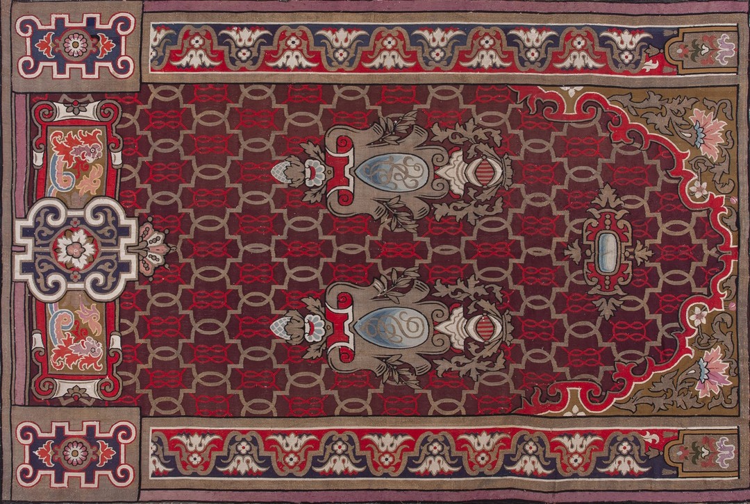 Antique aubusson french allover geometric flat weave rug