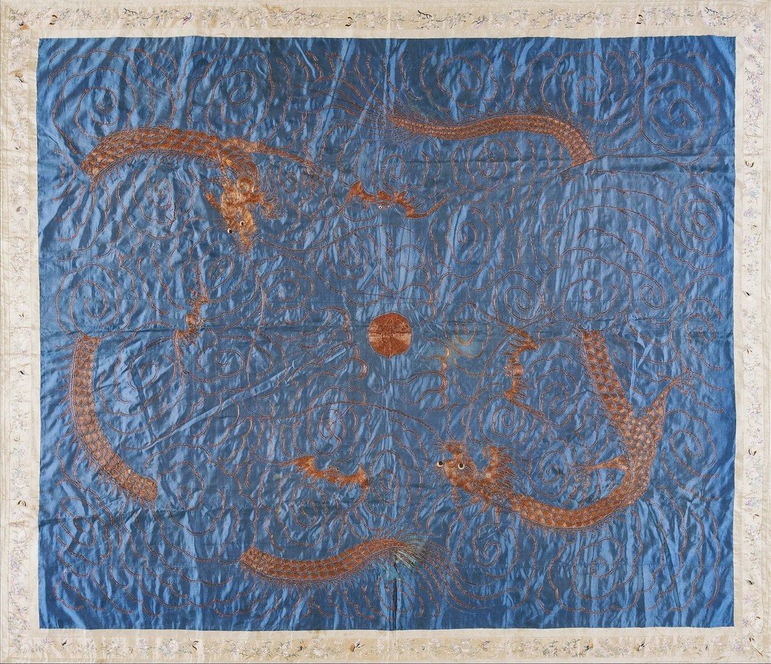 Antique sky blue color dragon design chinese silk textile
