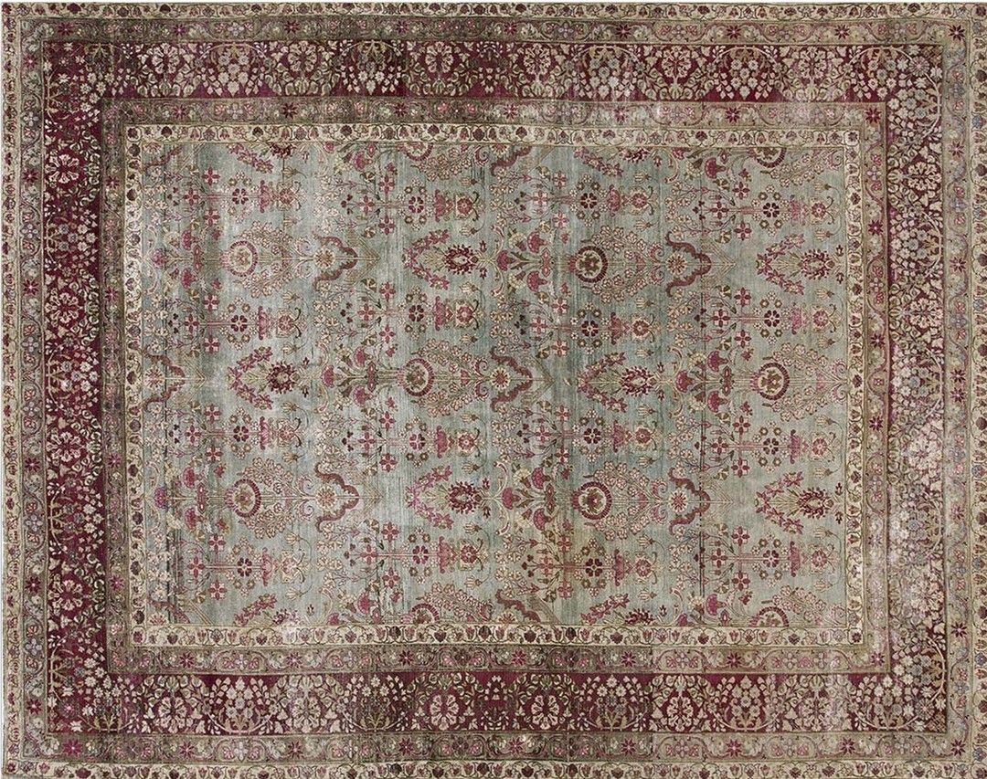 Antique room size fine floral pattern persian gray blue kerman rug