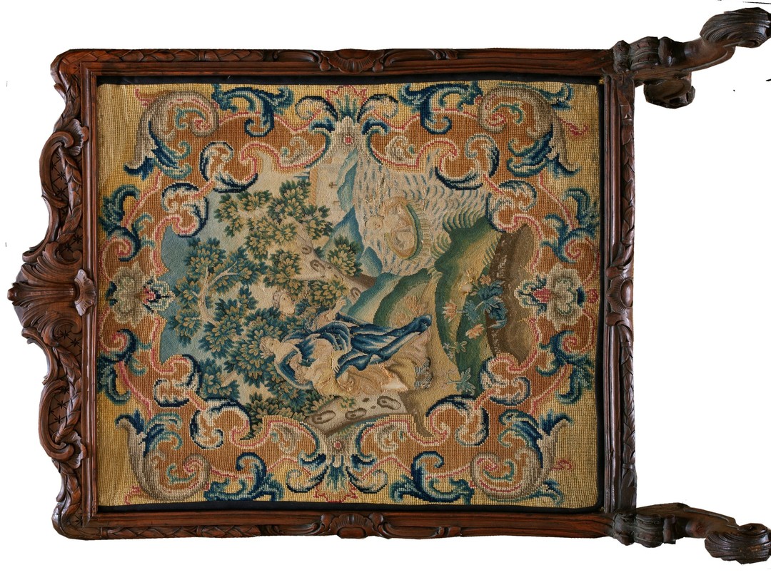 Antique needlepoint small scatter size wool & silk yellow rug