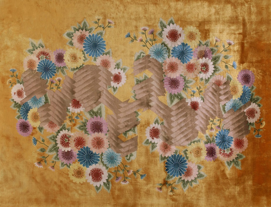 Room size knotted antique yellow wool 1930s chinese - art deco rectangle rug