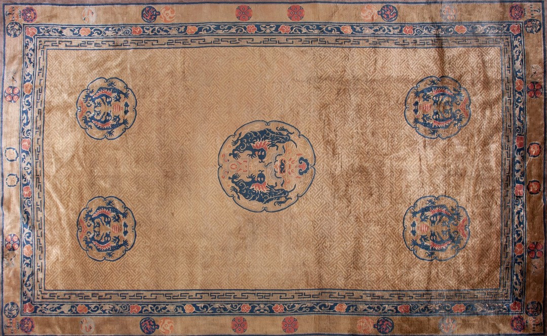 Allover geometric wool antique 1920s ivory beige cream white rectangle hand knotted pile large rug