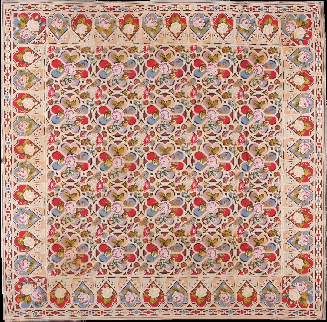 Square floral antique late 19th century english needlepoint rug
