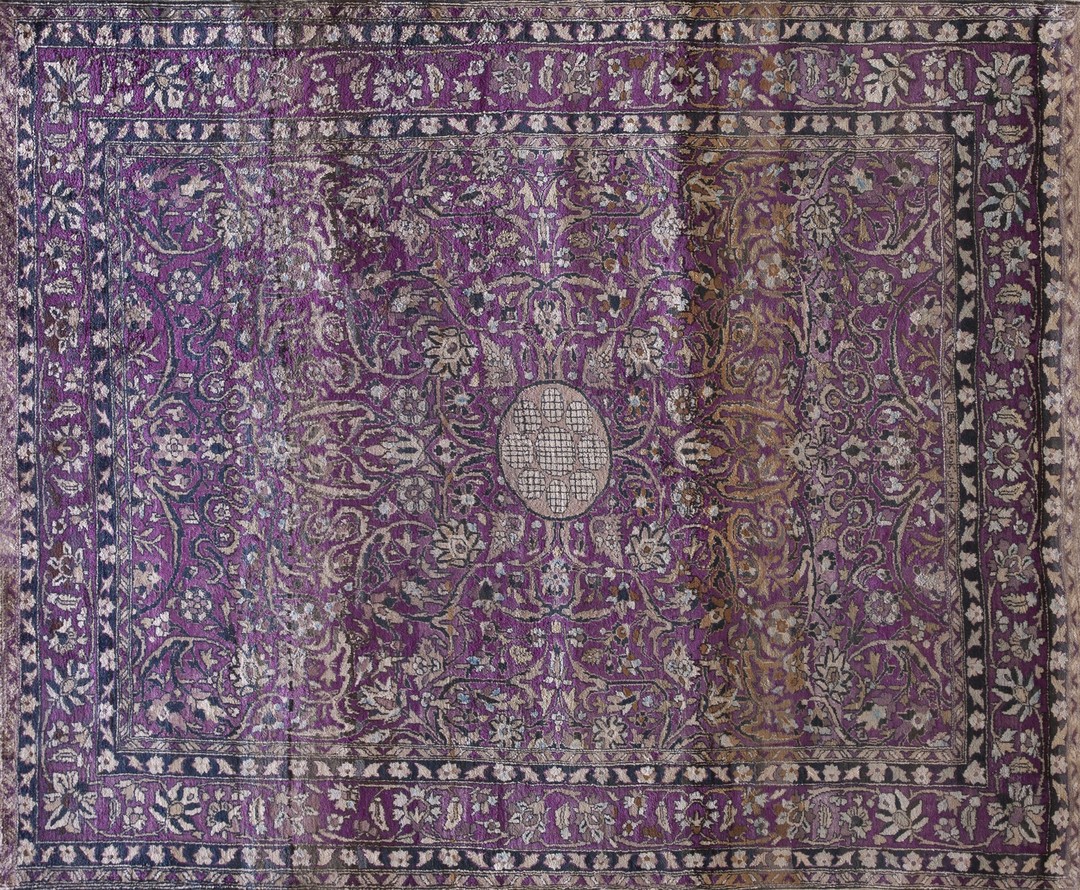 Luxurious silk pile rare purple color antique finely woven persian kashan rug