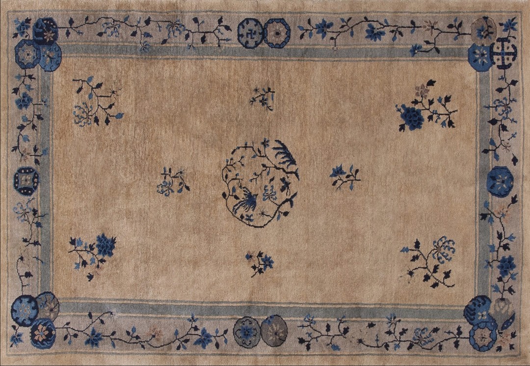 Ivory small scatter size chinese - peking knotted wool 1920s antique rectangle rug