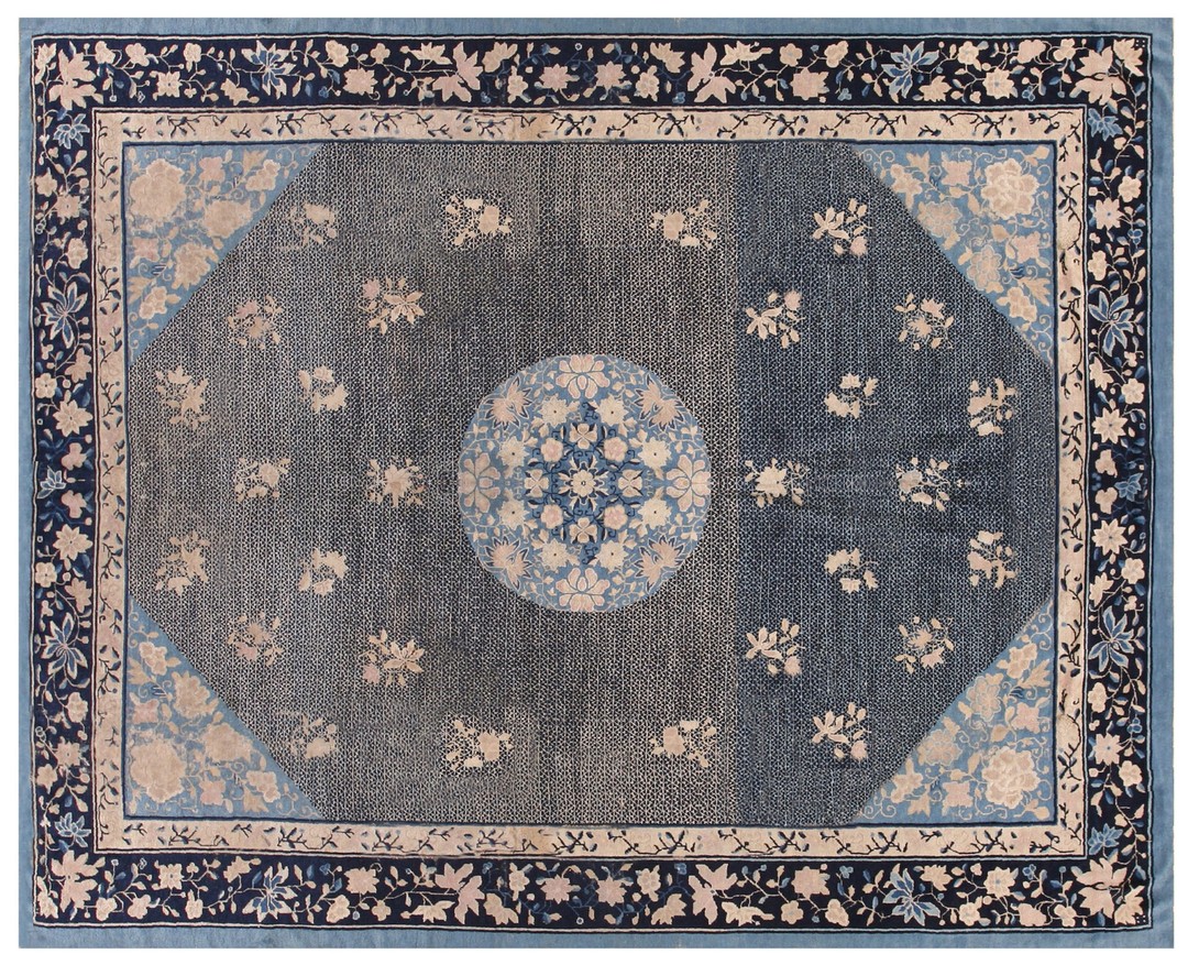 Chinese - peking 1880s room size knotted rectangle wool blue antique rug