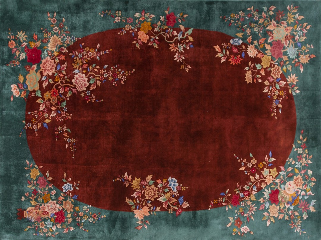 Knotted room size 1920s chinese - art deco coral wool rectangle antique rug