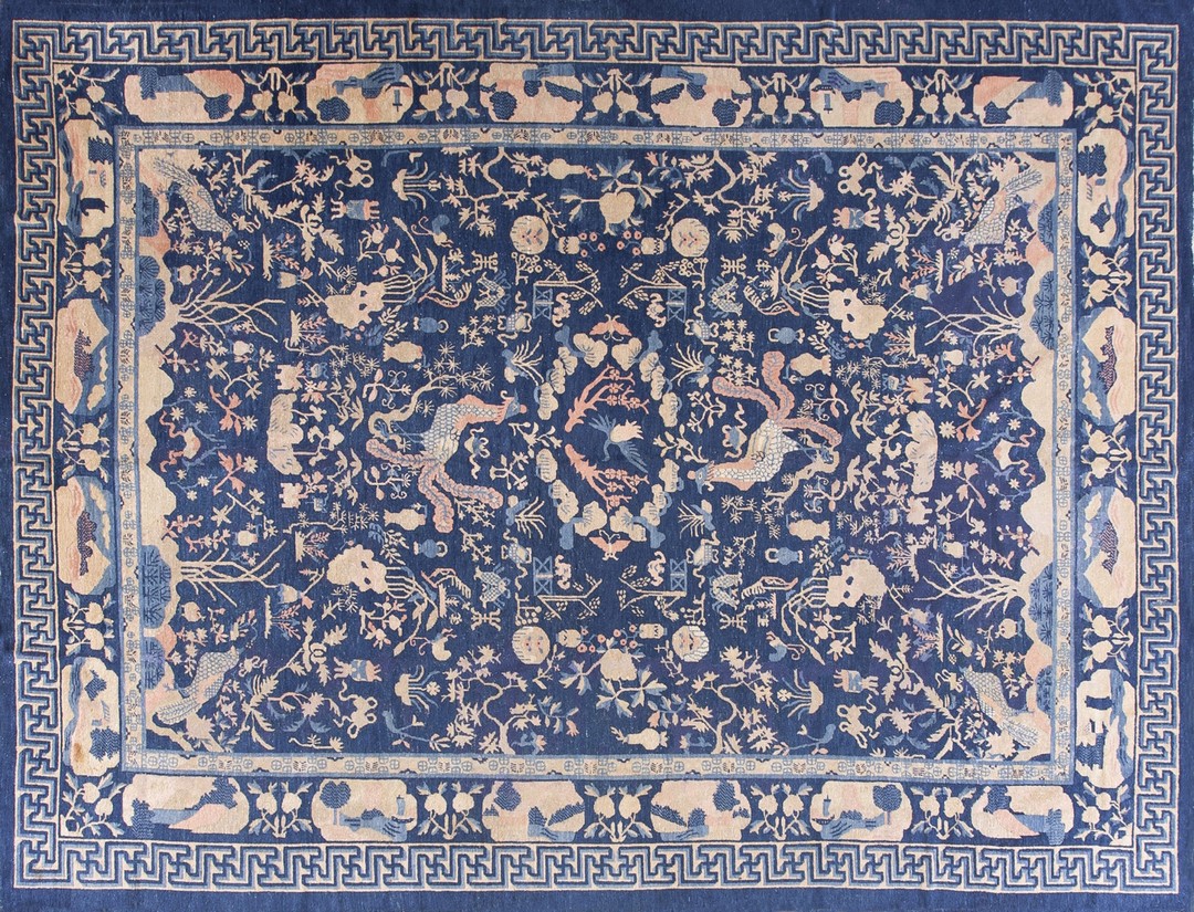 Chinese - peking knotted wool room size antique rectangle blue 1930s rug