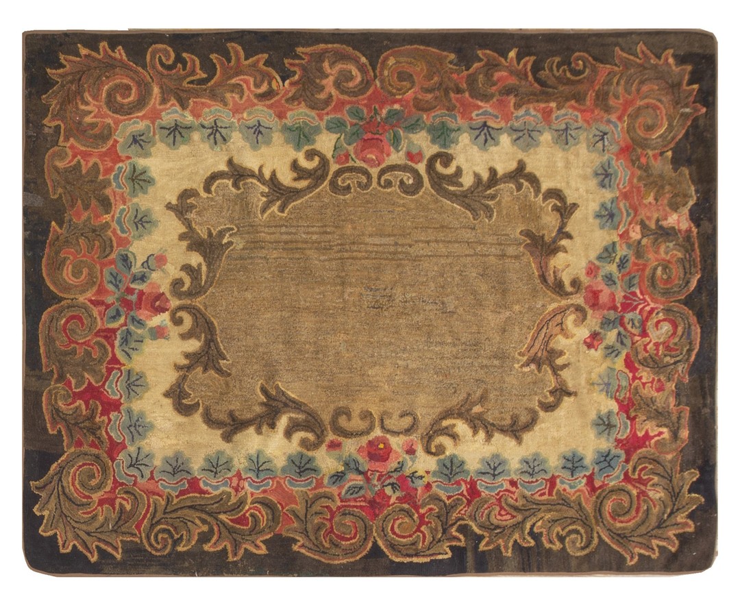 Open neutral brown color field antique late 19th century american hooked rug