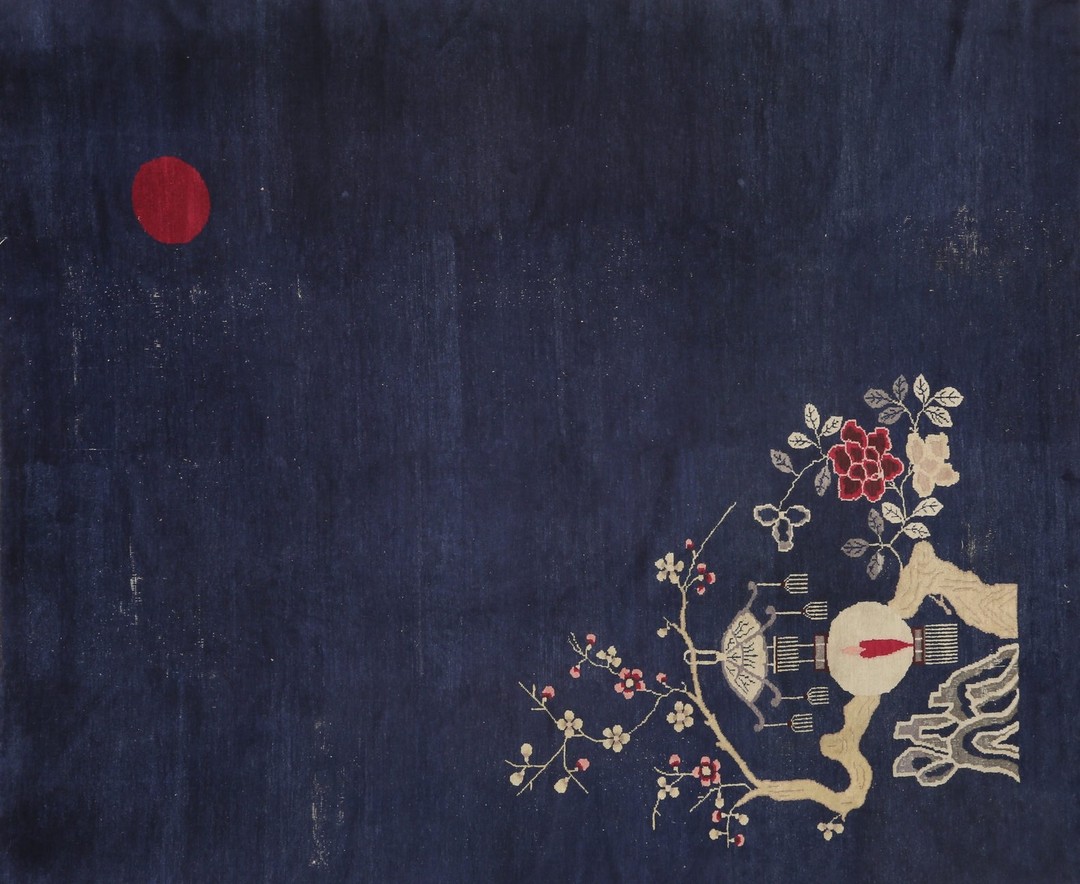 Hand knotted pile wool antique blue floral 1920s red moon rug