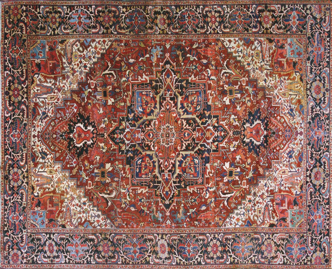 Antique room size persian geometric medallion design heriz carpet