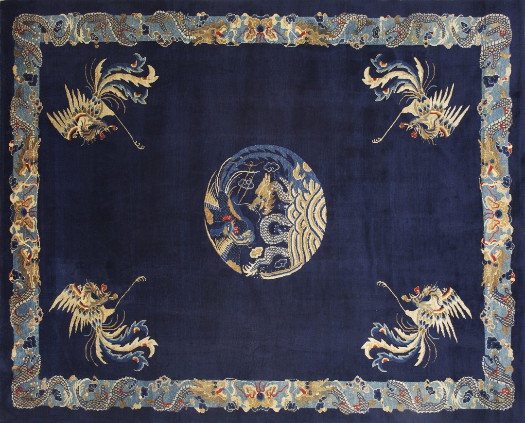 1890s antique wool chinese room size - peking knotted rectangle blue rug