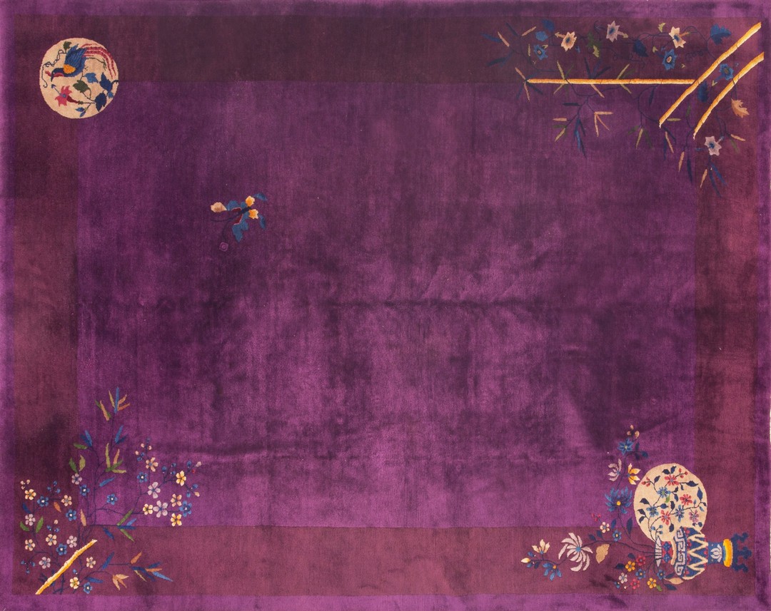 Room size wool 1920s chinese - art deco knotted antique rectangle purple rug