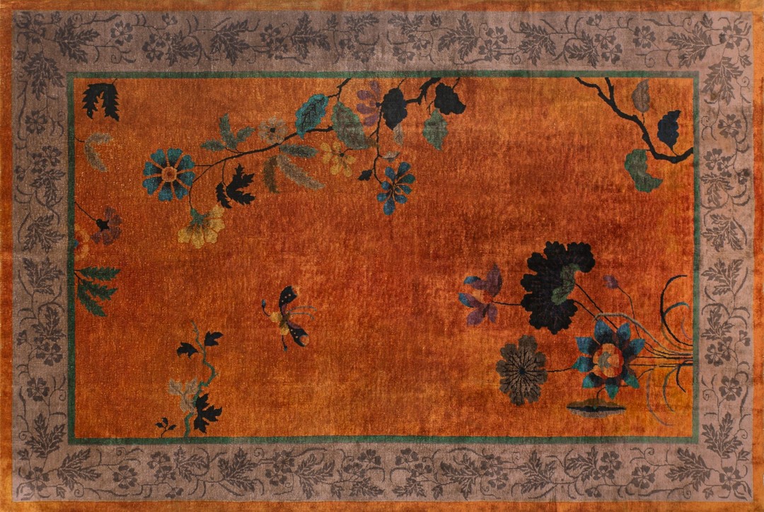 Antique chinese art deco wool yellow / gold orange hand knotted pile rug