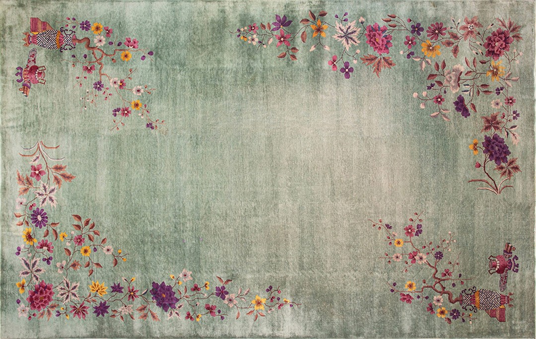 Antique large chinese - art deco allover floral knotted rug