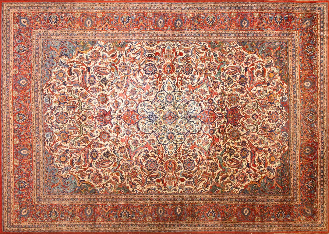 Light ivory color finely woven antique floral persian kashan rug