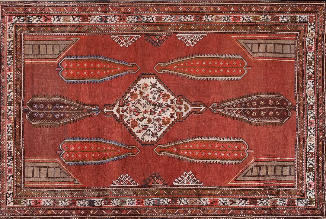 Antique caucasian geometric medallion wool hand knotted pile coral / salmon pink 1900s rug