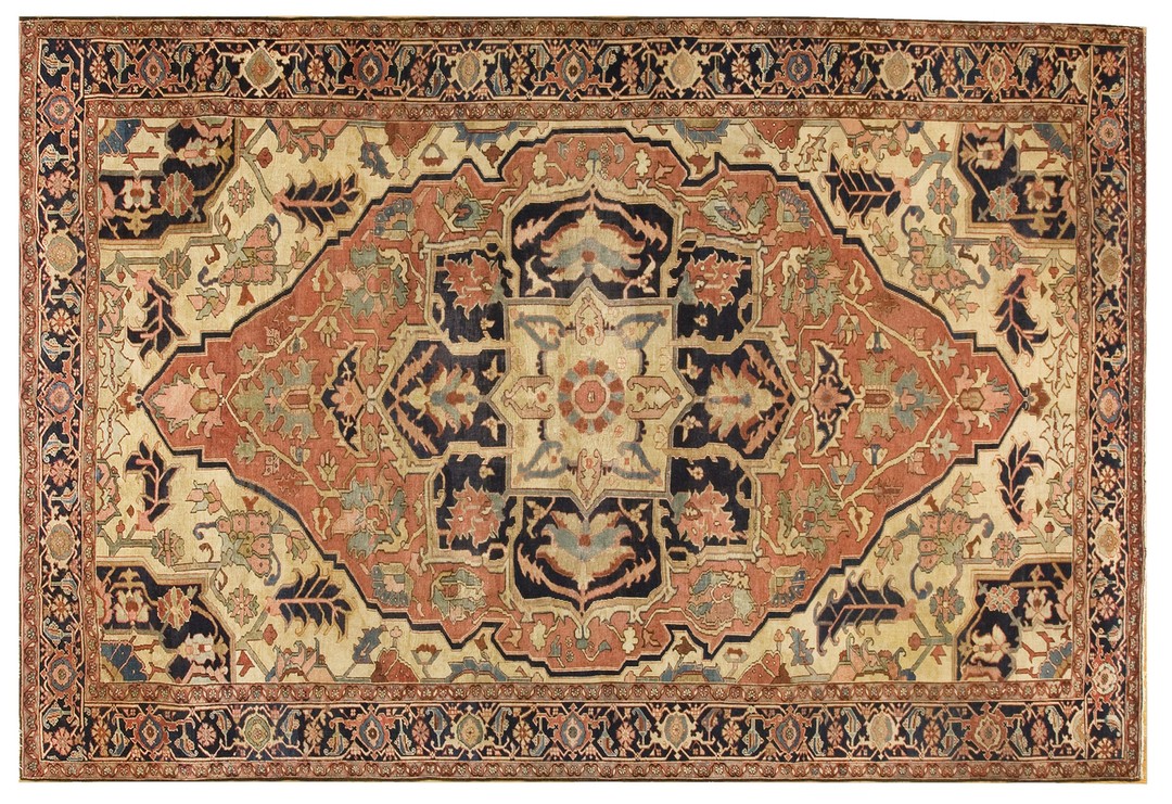 Rustic coral color antique persian heriz serapi primitive tribal medallion carpet