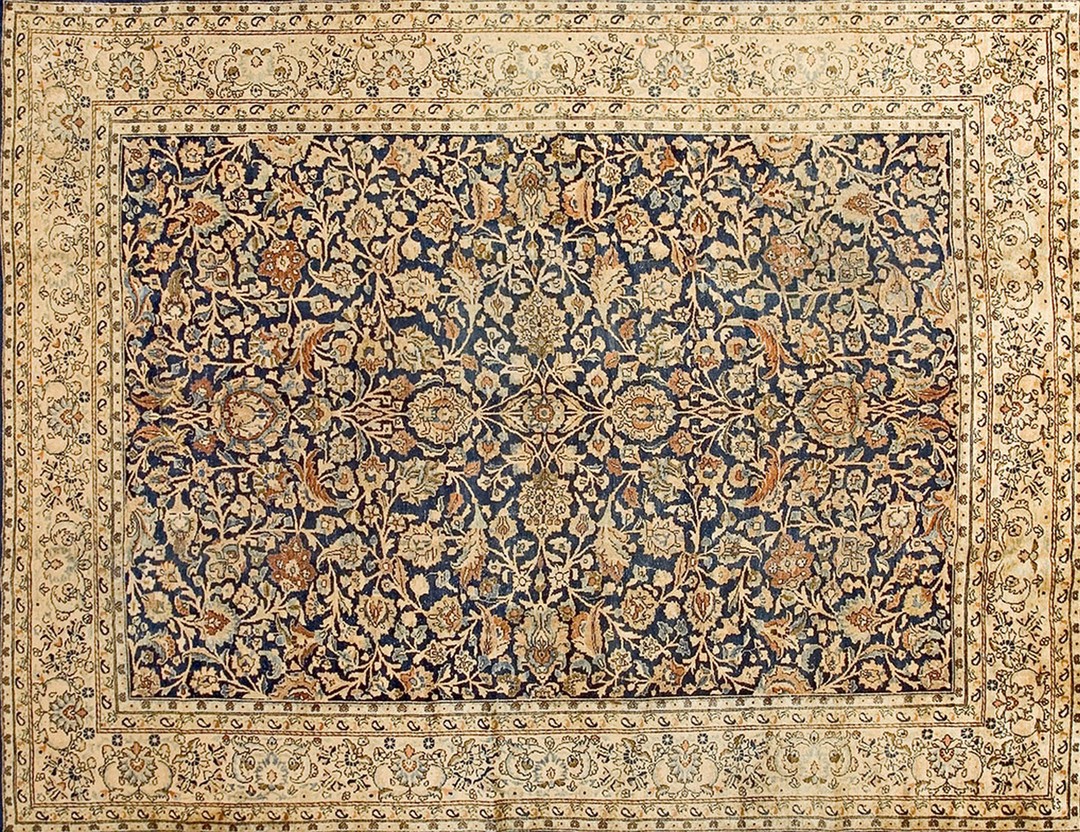 Fine floral pattern blue field antique persian mashad khorassan rug