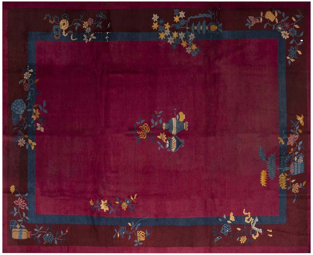 Room size chinese - art deco knotted rectangle 1920s coral wool antique rug