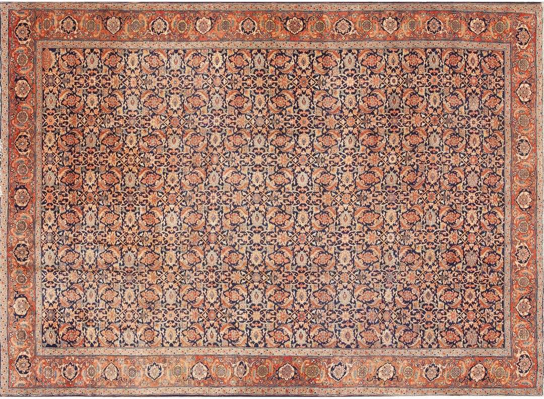 Rustic herati design antique blue field persian tabriz hand knotted pile rug