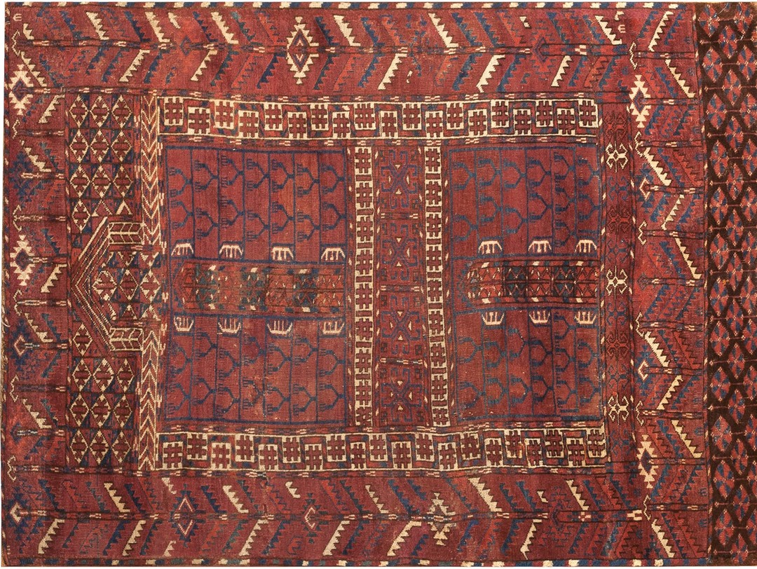 Central asian antique tribal geometric turkmen hatchli islamic prayer rug