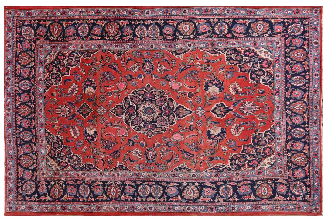 Antique kashan room size wool coral rug