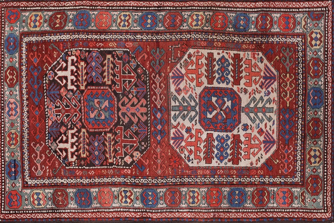 1900s geometric medallion caucasian antique hand knotted pile coral / salmon pink wool rug