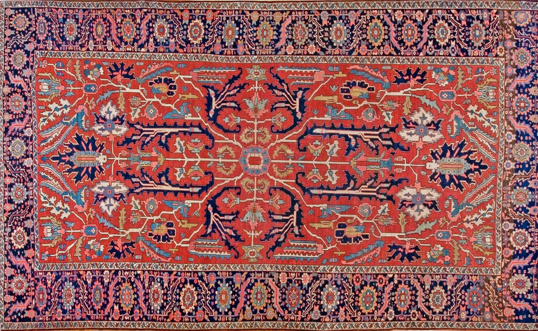 Red and blue antique tribal geometric allover design persian heriz serapi room size rug