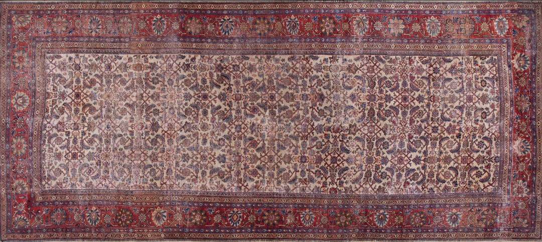 Antique ivory long and narrow size rustic persian sultanabad wool pile rug