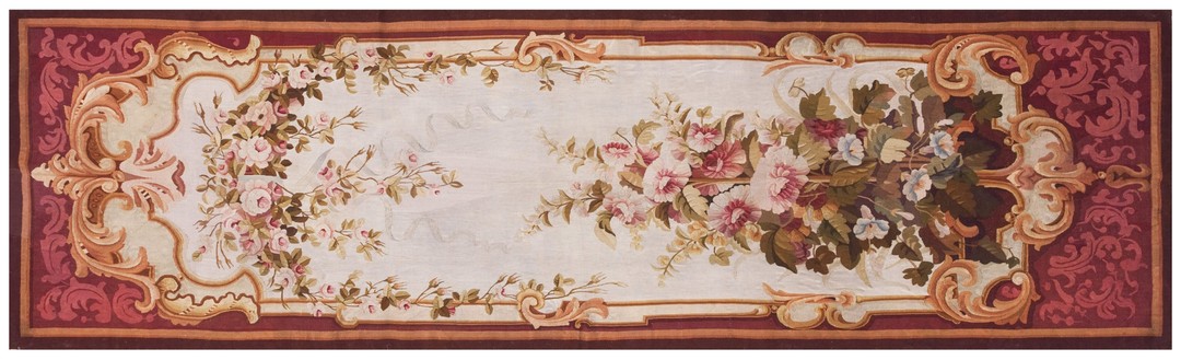 Antique tapestry hallway runner wool ivory rug