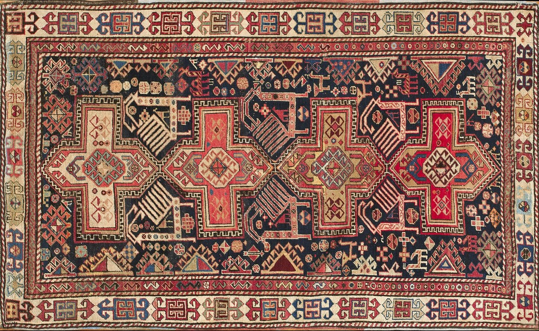 Wool allover geometric hand knotted pile antique blue caucasian 1900s rug