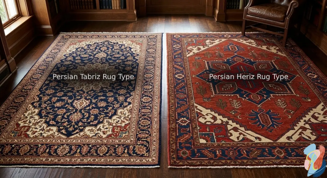 Two rug types side by side comparison. On the left a fine floral antique persian tabriz rugs type and on the right a tribal geometric antique persian heriz rug type. By rugs on net.