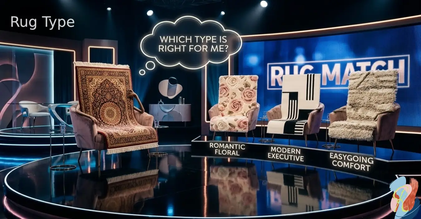 A cinematic photograph of a persian rug on a reality dating show set, sitting in a chair and contemplating three different rug "personality" types—romantic, powerful executive, and easygoing comfort—seated across the stage. Rug types by rugs on net