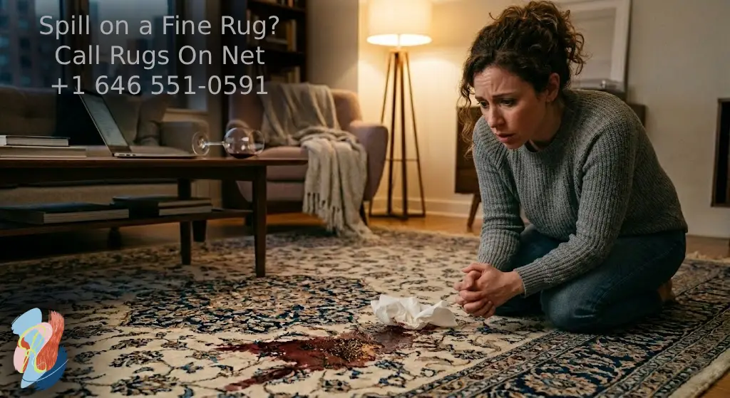 A homeowner panics after spilling red wine on a valuable antique persian rug, highlighting the need for immediate professional intervention before the stain sets. Rugs on net
