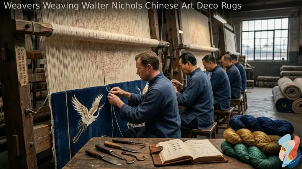 Weavers weaving a blue walter nichols chinese art deco rug by rugsonnet